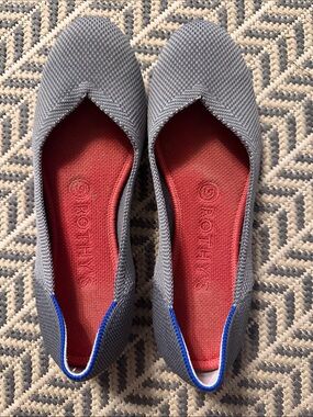 Rothy's Gray Knit Slip-On Flats with Red Insole and Blue Trim